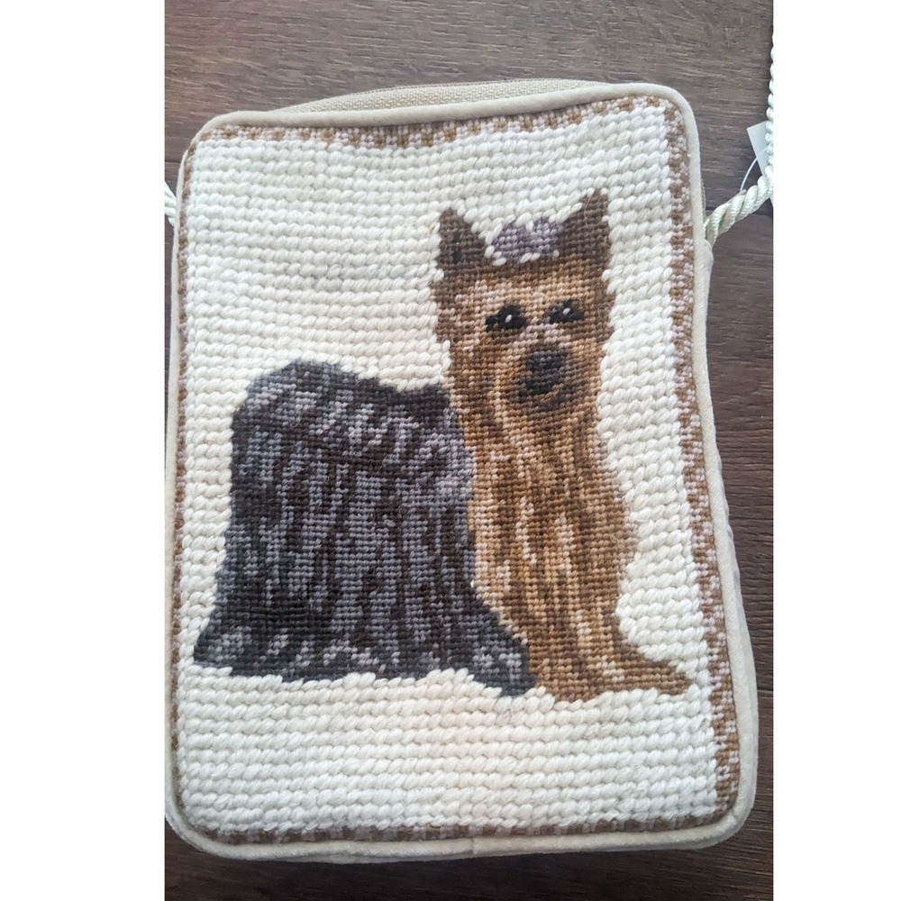 Adorable Yorkshire Terrier Needlepoint Crossbody Bag With Rope Strap - Picture 2 of 5